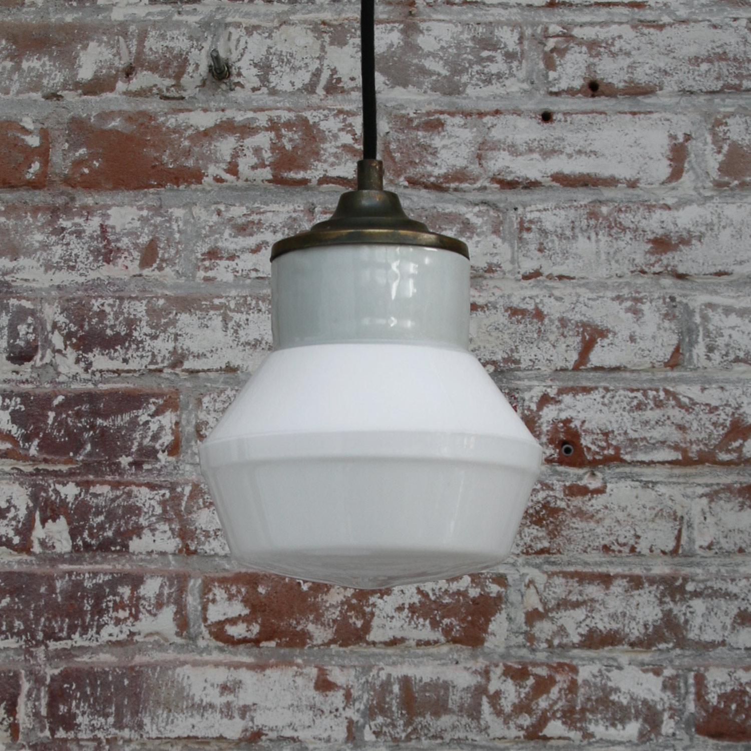 20th Century White Porcelain Opaline Glass Vintage Industrial Brass Pendant Lights