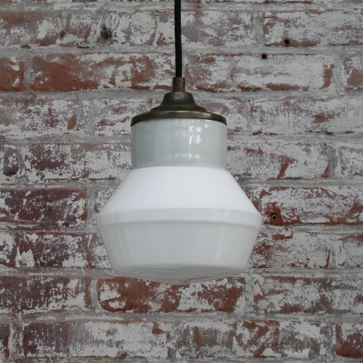 20th Century White Porcelain Opaline Glass Vintage Industrial Brass Pendant Lights For Sale