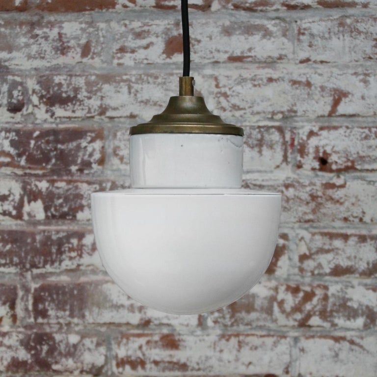 20th Century White Porcelain Opaline Glass Vintage Industrial Brass Pendant Lights For Sale