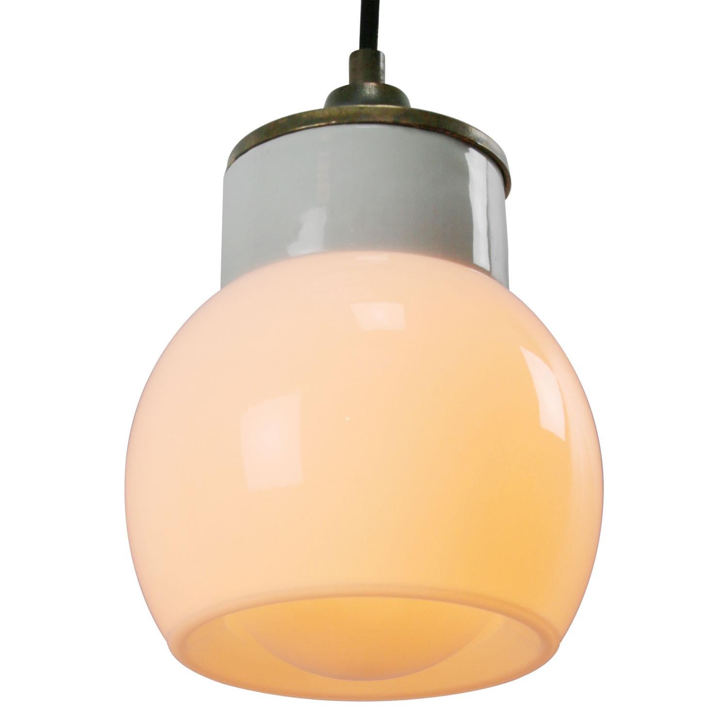 White Porcelain Opaline Glass Vintage Industrial Brass Pendant Lights For Sale 1