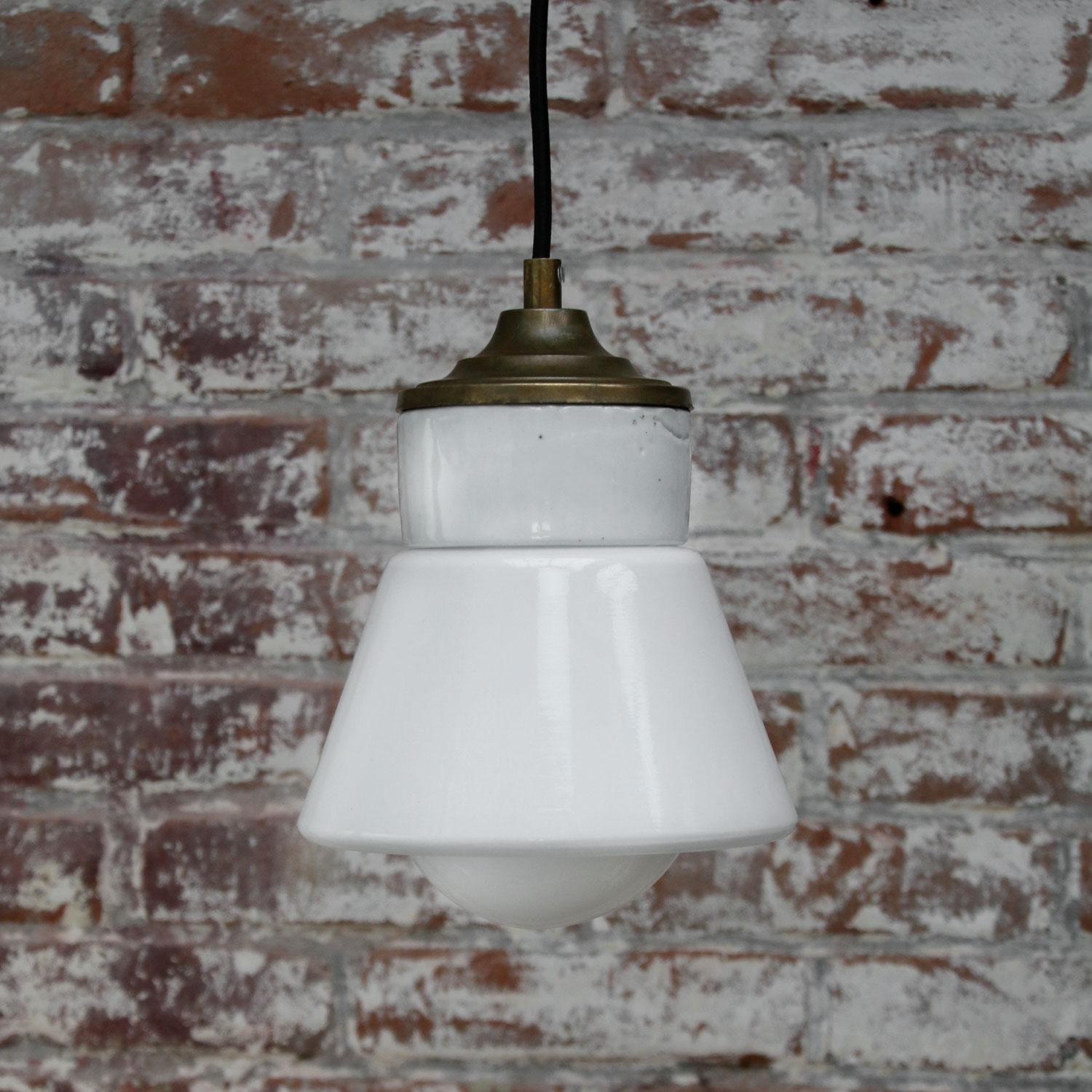 White Porcelain Opaline Glass Vintage Industrial Brass Pendant Lights 1