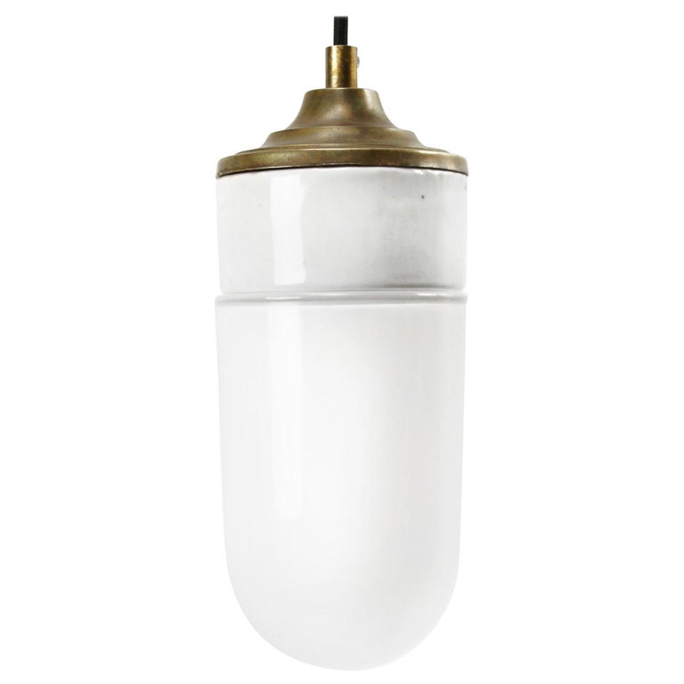 White Porcelain Opaline Glass Vintage Industrial Brass Pendant Lights For Sale