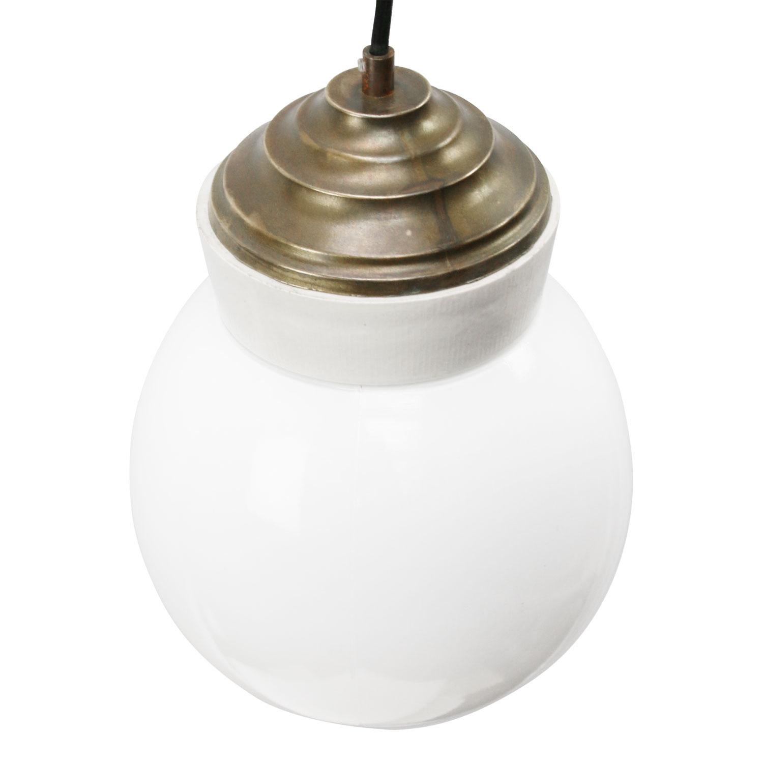 Mid-Century Modern White Porcelain Opaline Milk Glass Vintage Brass Pendant Lights