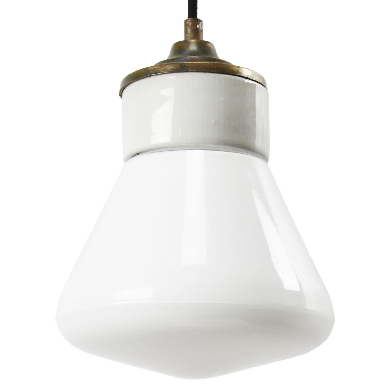 White Porcelain Opaline Milk Glass Vintage Brass Pendant Lights In Good Condition For Sale In Amsterdam, NL