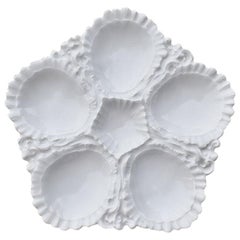 Antique White Porcelain Oyster Plate or Platter with 5 Wells, Limoges France, 1900s