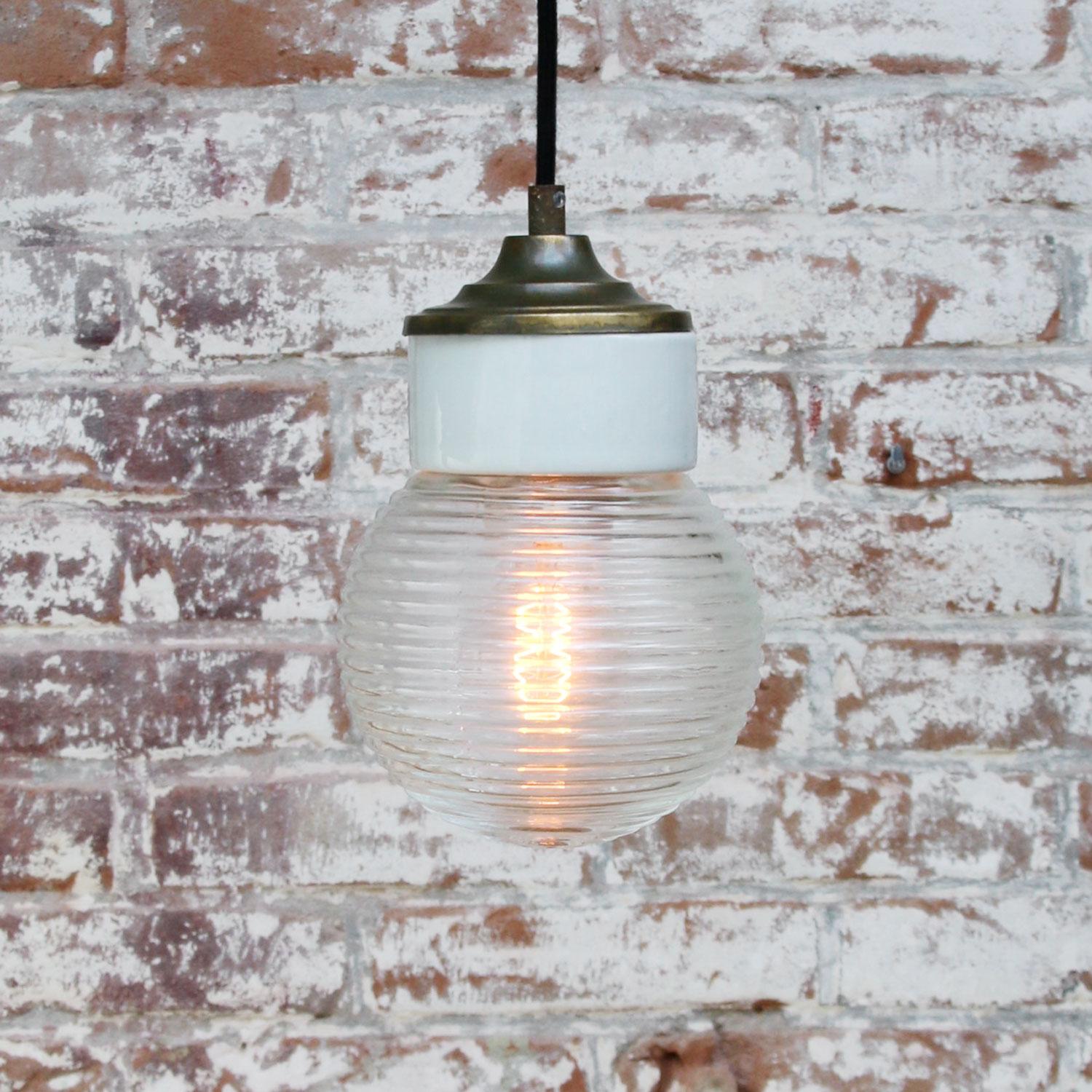White Porcelain Ribbed Clear Glass Vintage Industrial Brass Pendant Lights In Good Condition In Amsterdam, NL
