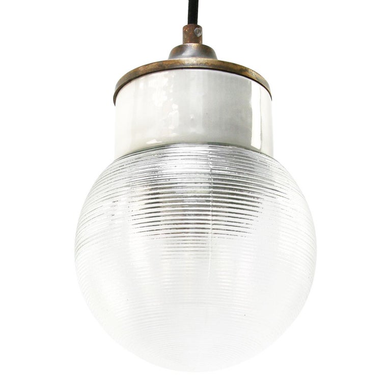 White Porcelain Ribbed Clear Glass Vintage Industrial Brass Pendant Lights In Good Condition For Sale In Amsterdam, NL