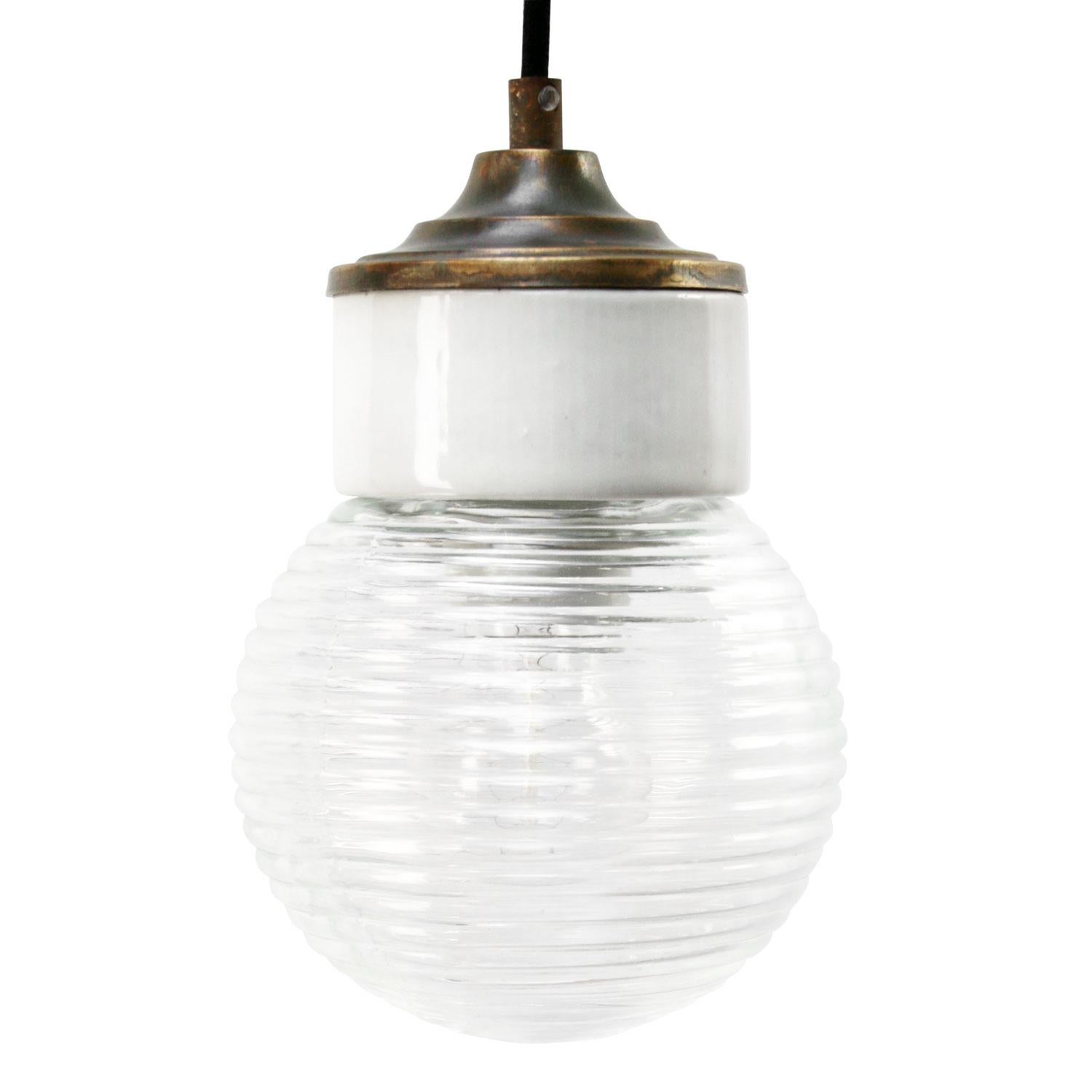 20th Century White Porcelain Ribbed Clear Glass Vintage Industrial Brass Pendant Lights