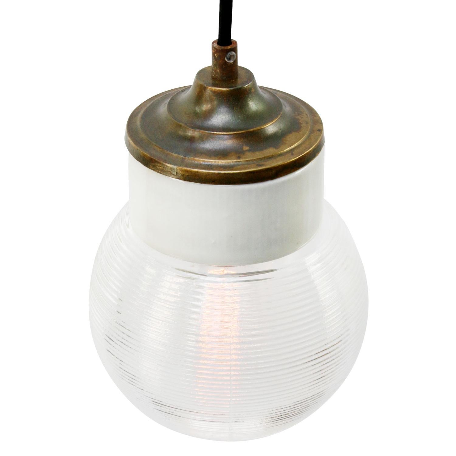 20th Century White Porcelain Ribbed Clear Glass Vintage Industrial Brass Pendant Lights For Sale