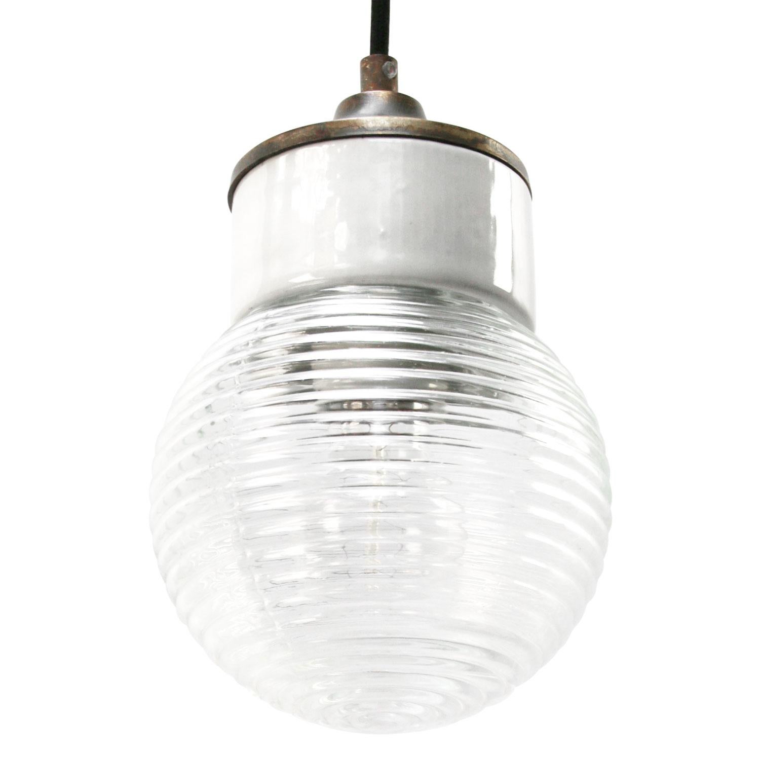 White Porcelain Ribbed Clear Glass Vintage Industrial Brass Pendant Lights 1