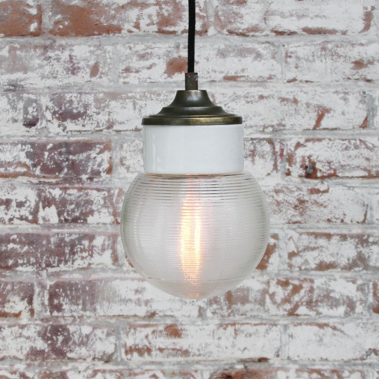 White Porcelain Ribbed Clear Glass Vintage Industrial Brass Pendant Lights For Sale 1