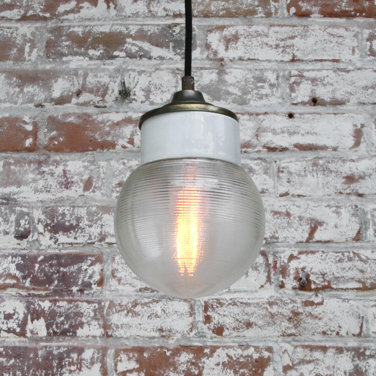 White Porcelain Ribbed Clear Glass Vintage Industrial Brass Pendant Light 2