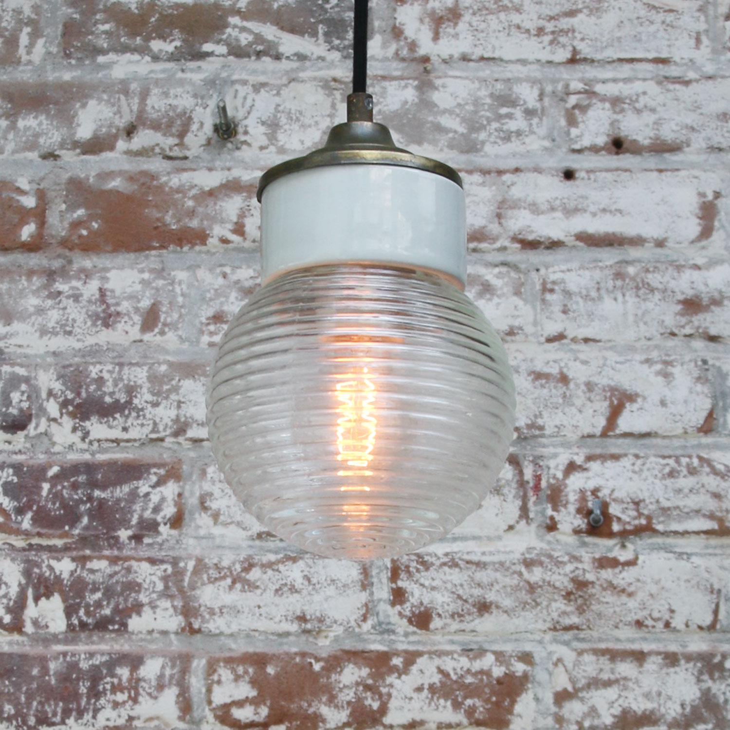 White Porcelain Ribbed Clear Glass Vintage Industrial Brass Pendant Lights 2