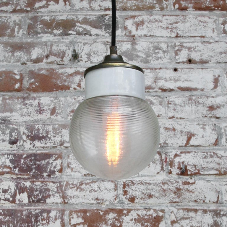 White Porcelain Ribbed Clear Glass Vintage Industrial Brass Pendant Lights For Sale 2