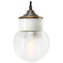 White Porcelain Ribbed Clear Glass Vintage Industrial Brass Pendant Light