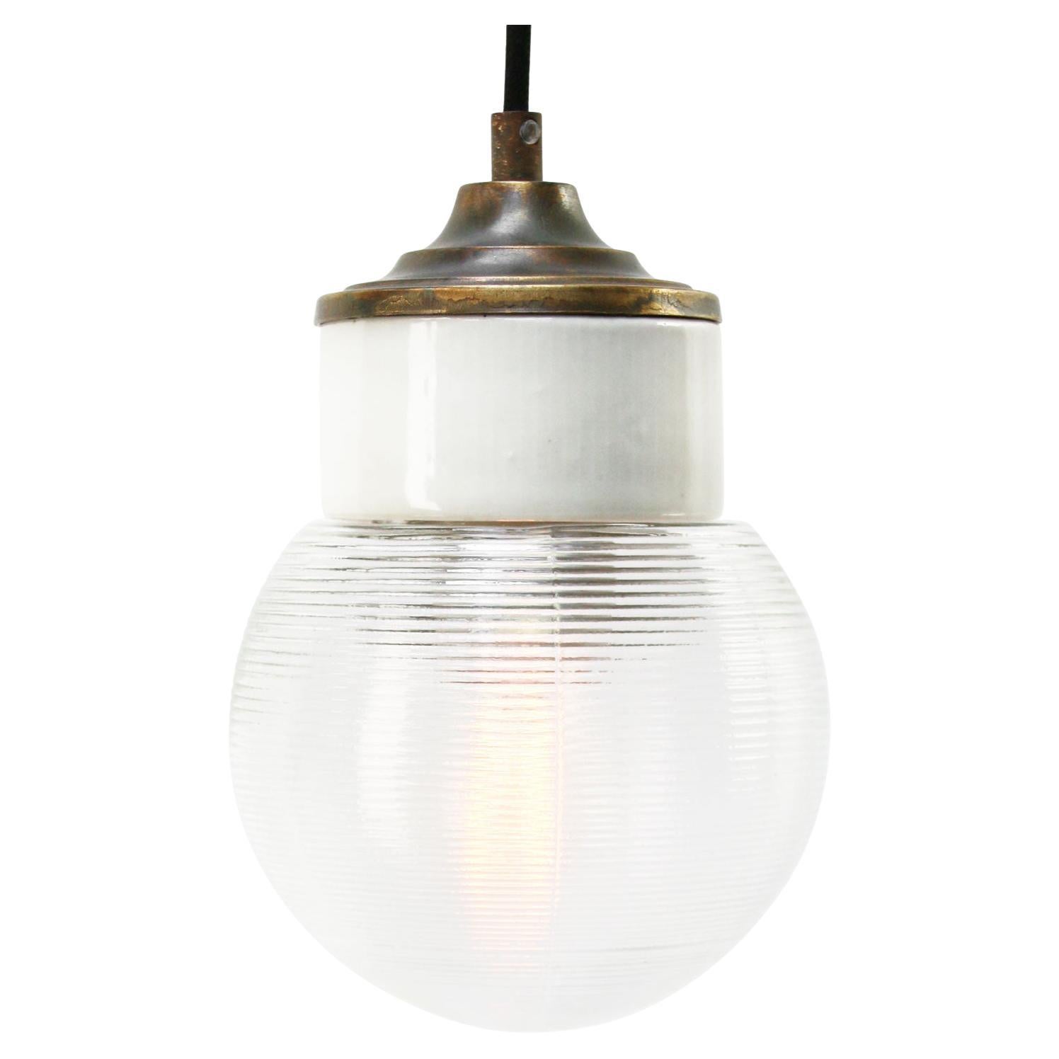 White Porcelain Ribbed Clear Glass Vintage Industrial Brass Pendant Lights For Sale