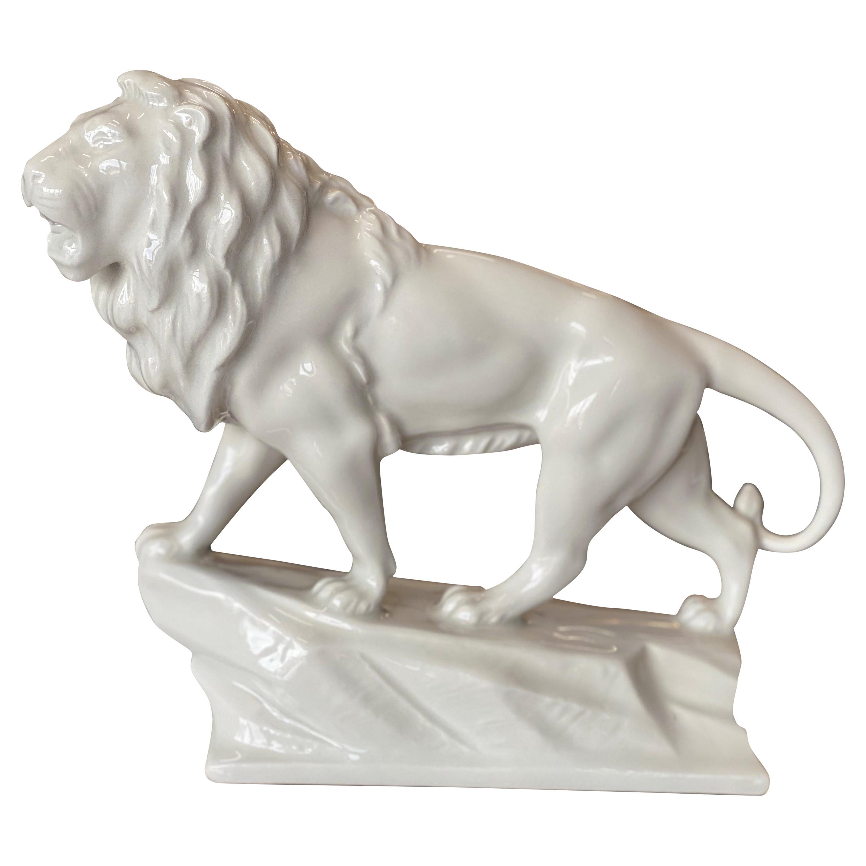 White Porcelain Sculpture of a Lion, Mid 20th Century
