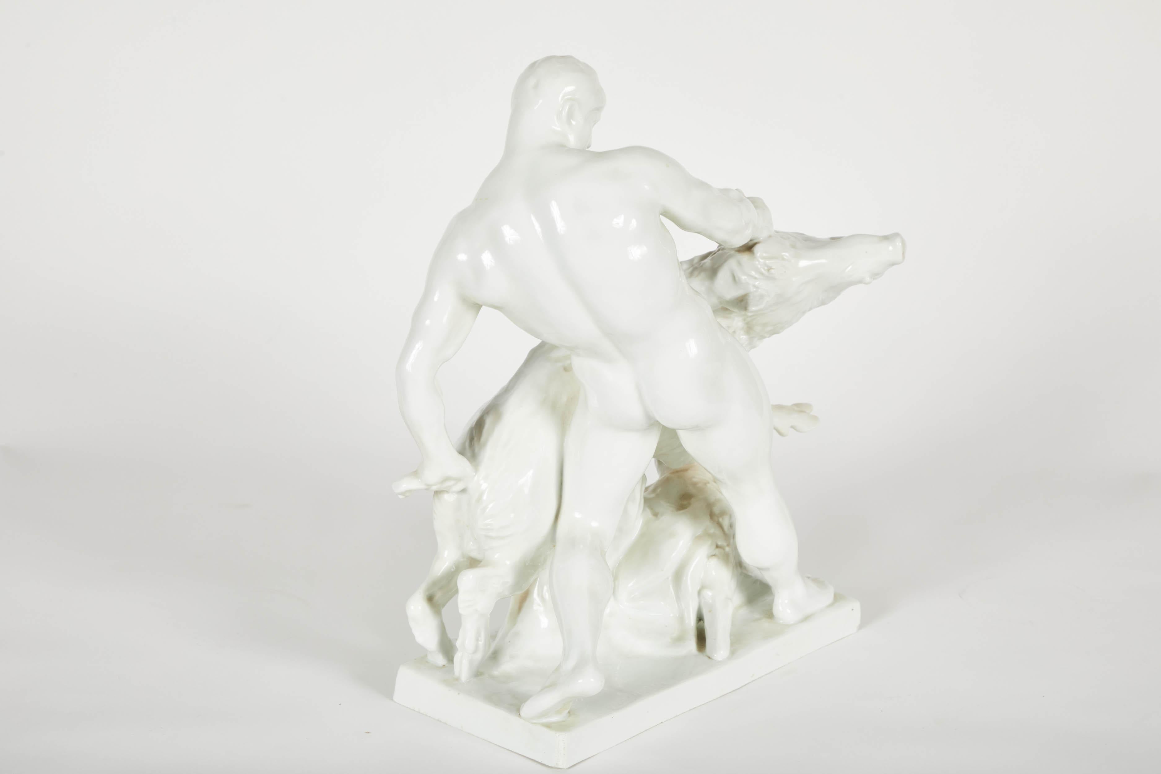 White Porcelain Sculpture of Man Wrestling Boar In Good Condition For Sale In Pasadena, CA
