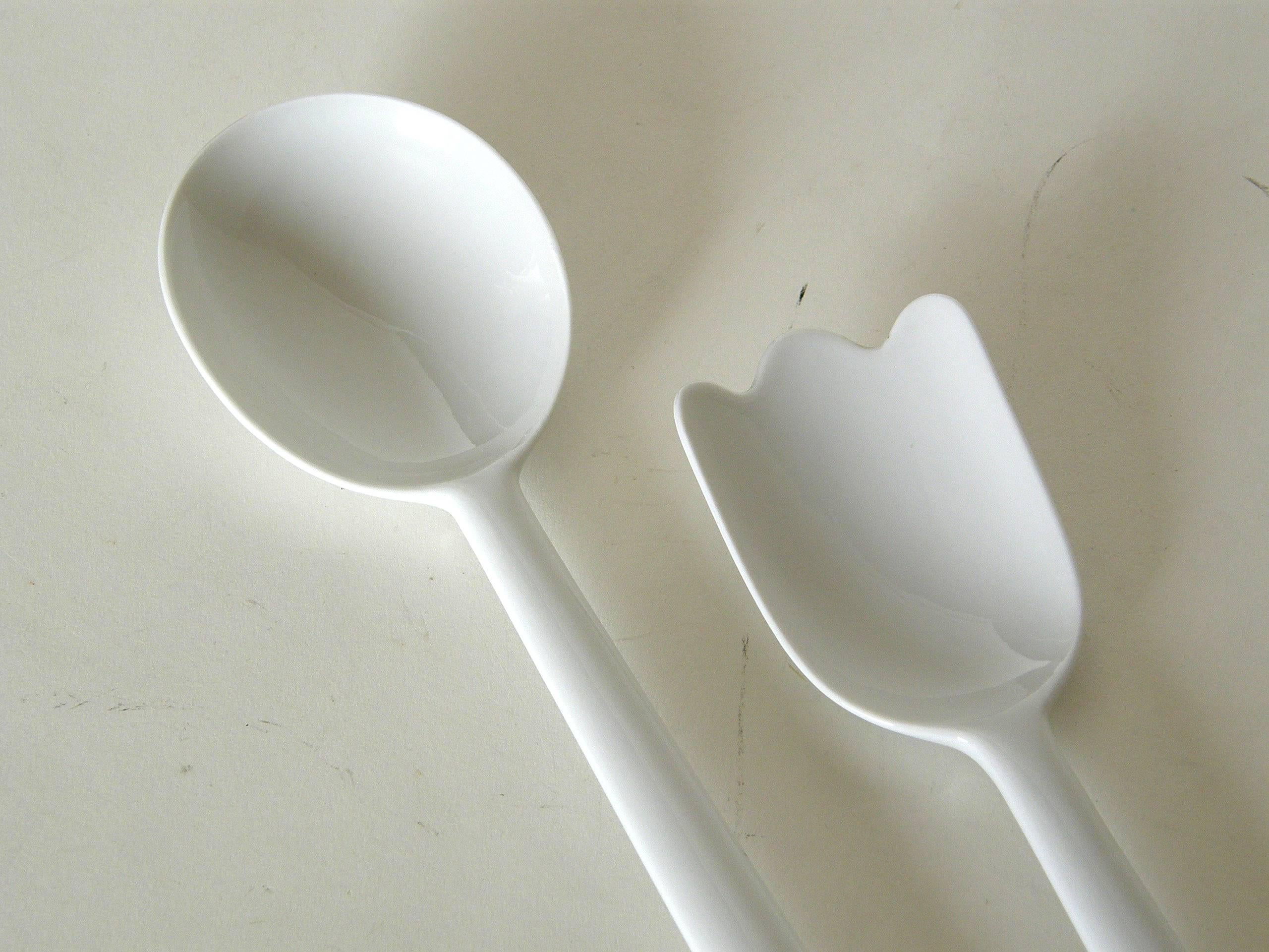 Mid-Century Modern White Porcelain Serving Fork and Spoon