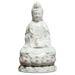 Vintage White Porcelain South Sea Buddha Statue Sitting on a Lotus Flower