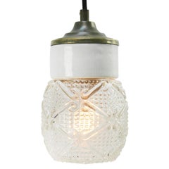 White Porcelain Striped Clear Glass Vintage Industrial Brass Pendant Light