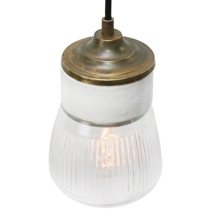 White Porcelain Striped Clear Glass Vintage Industrial Brass Pendant