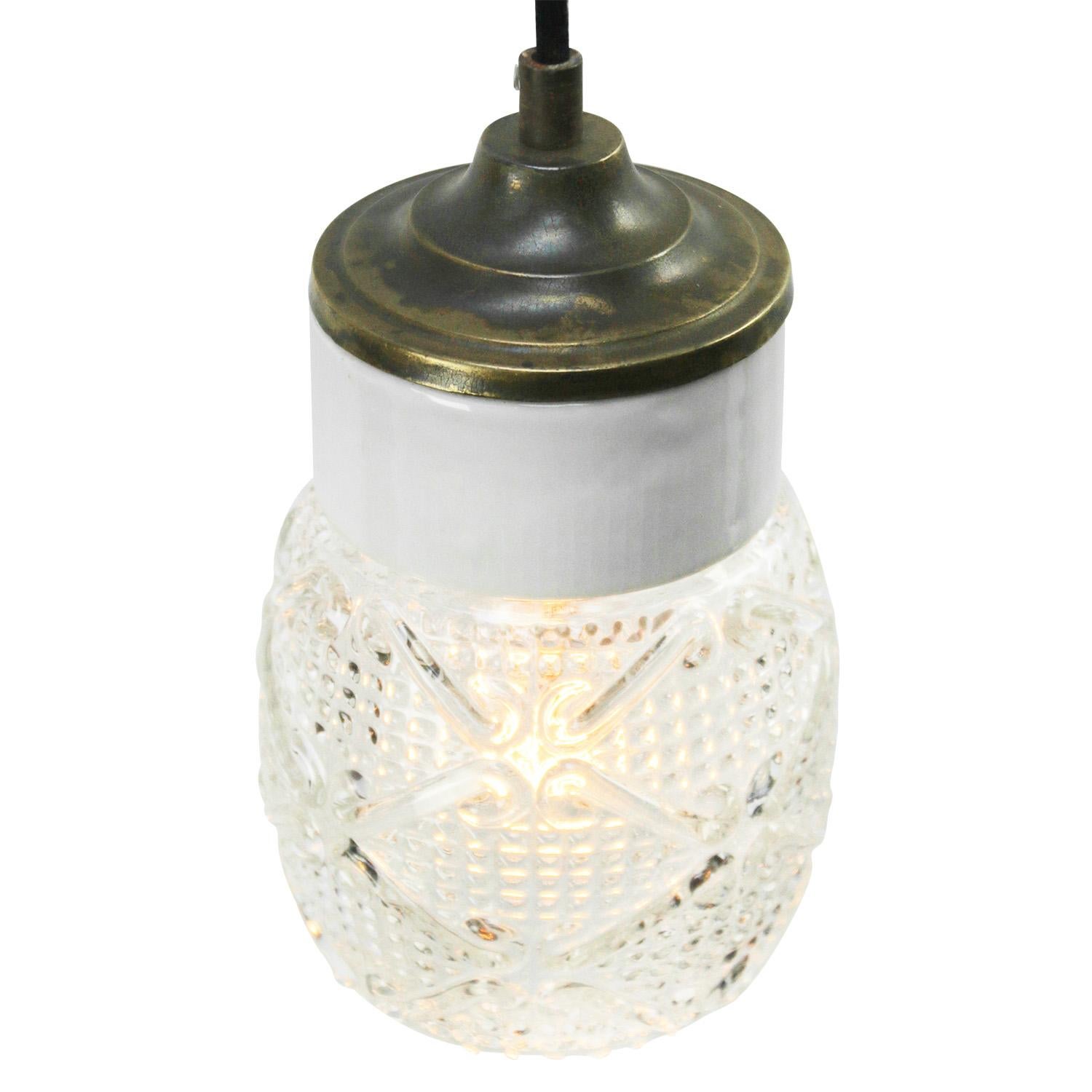 White Porcelain Striped Clear Glass Vintage Industrial Brass Pendant Lights In Good Condition For Sale In Amsterdam, NL