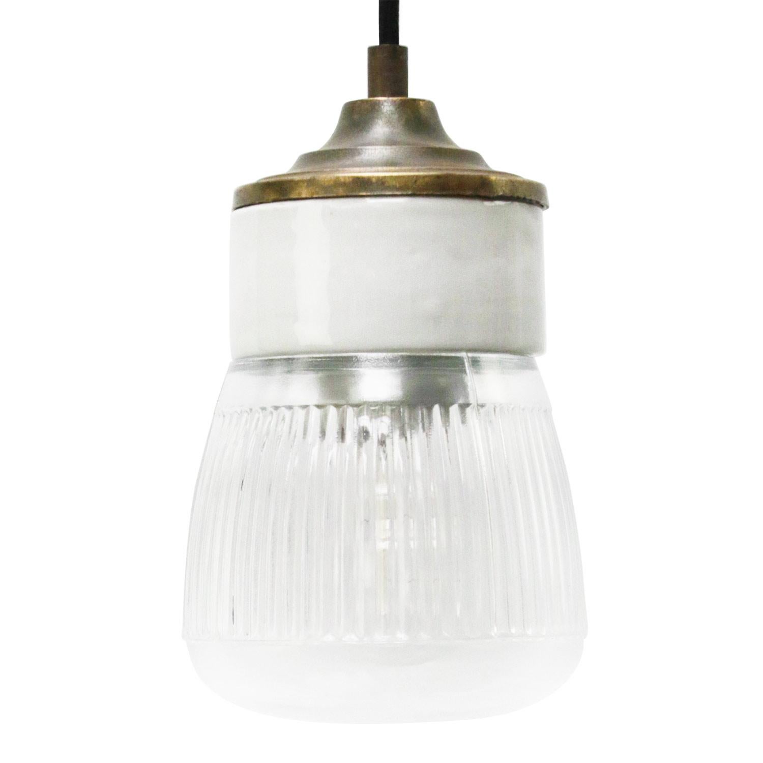 20th Century White Porcelain Striped Clear Glass Vintage Industrial Brass Pendant Lights For Sale