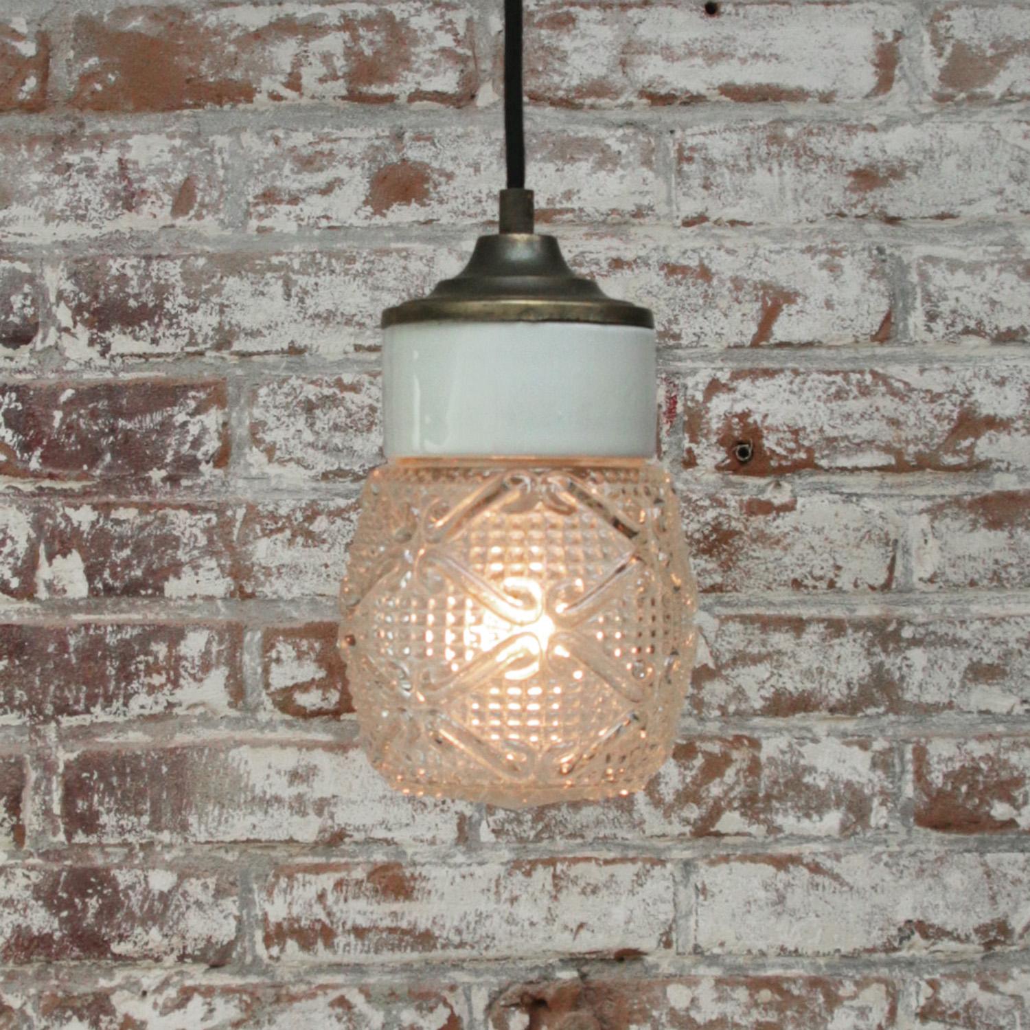 20th Century White Porcelain Striped Clear Glass Vintage Industrial Brass Pendant Lights For Sale