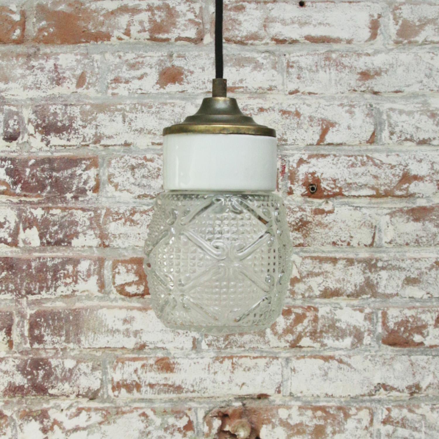 White Porcelain Striped Clear Glass Vintage Industrial Brass Pendant Lights For Sale 1