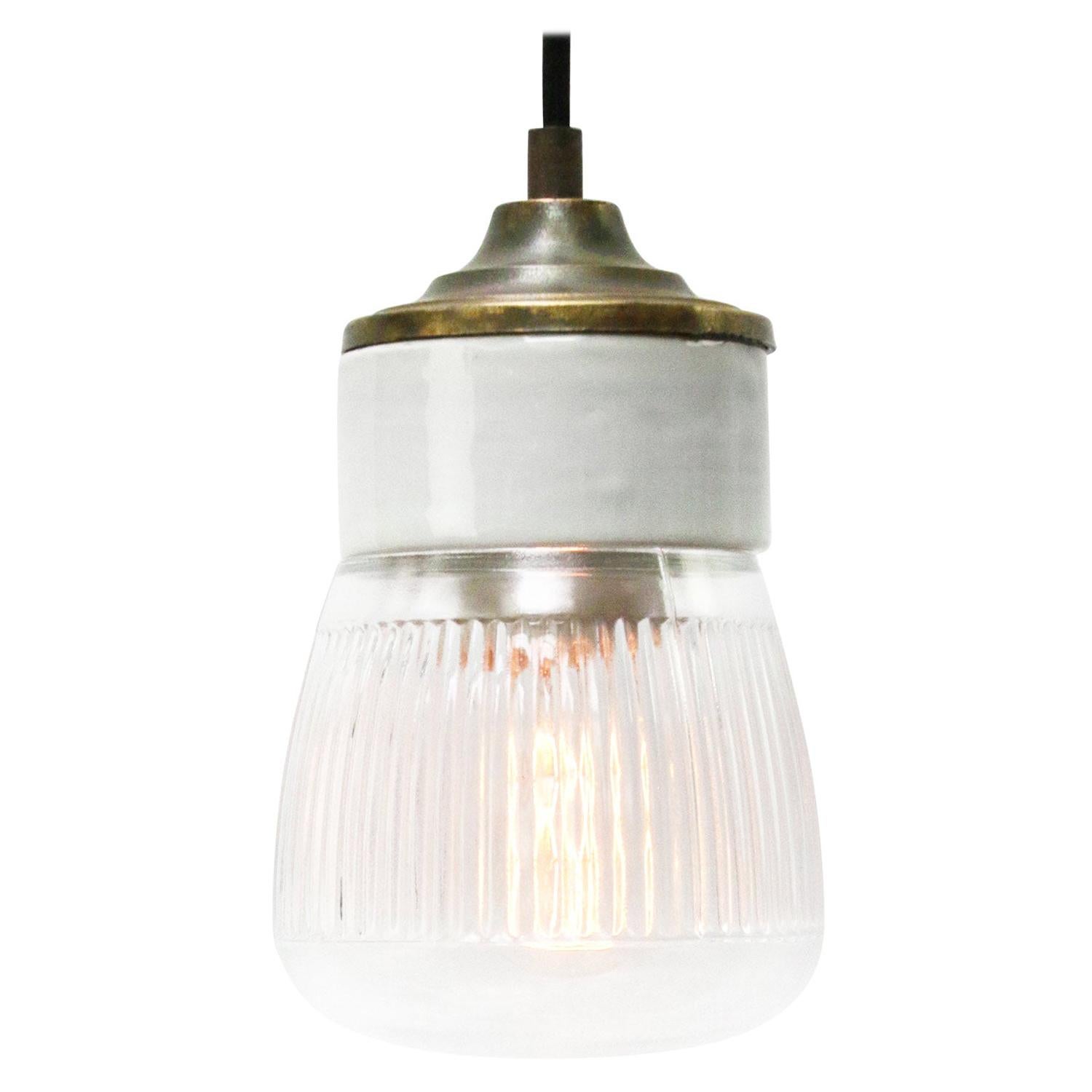 White Porcelain Striped Clear Glass Vintage Industrial Brass Pendant Lights