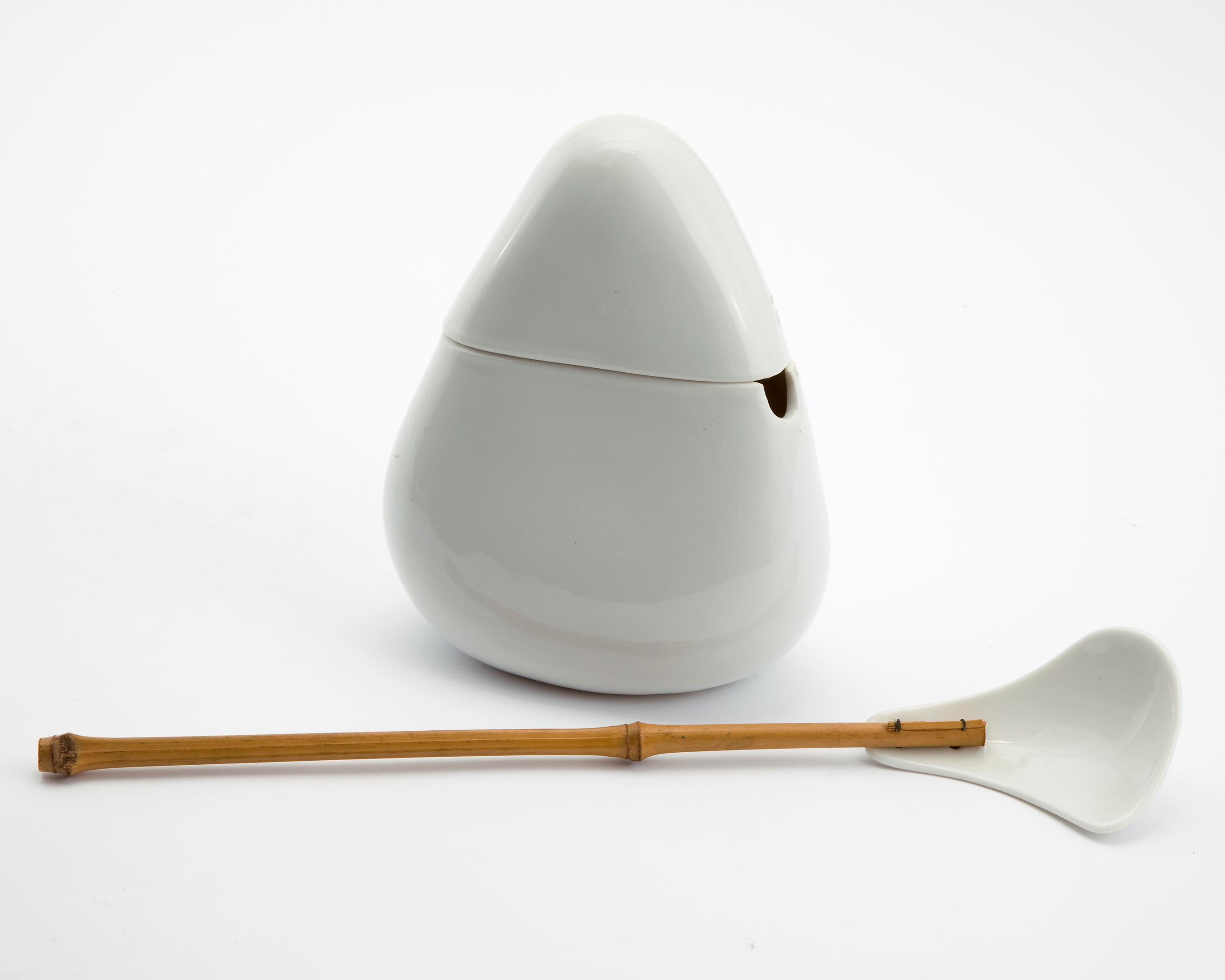 Modern White Porcelain Sugar Bowl with Long Handled Spoon by La Gardo Tackett, 1950s
