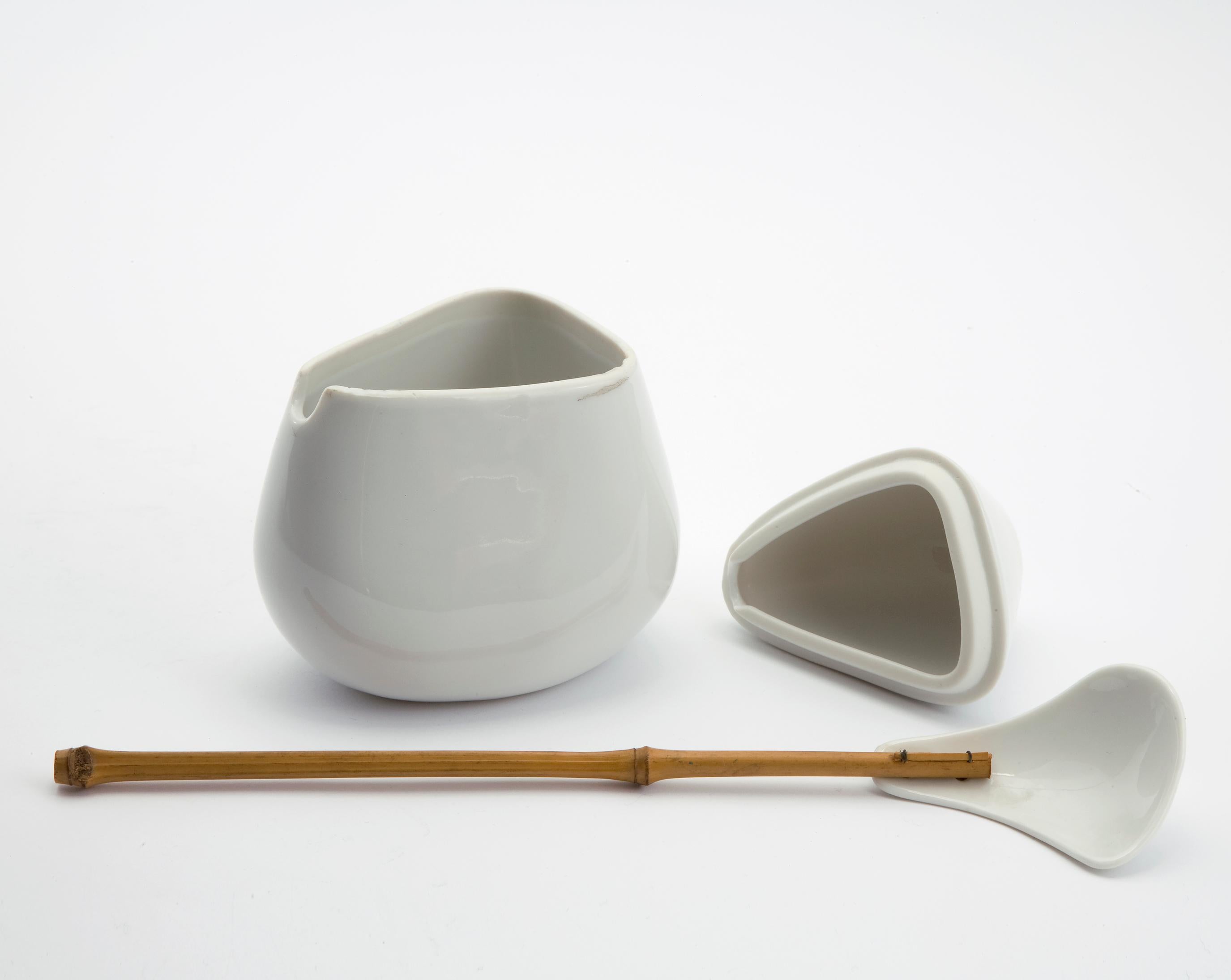 Japanese White Porcelain Sugar Bowl with Long Handled Spoon by La Gardo Tackett, 1950s