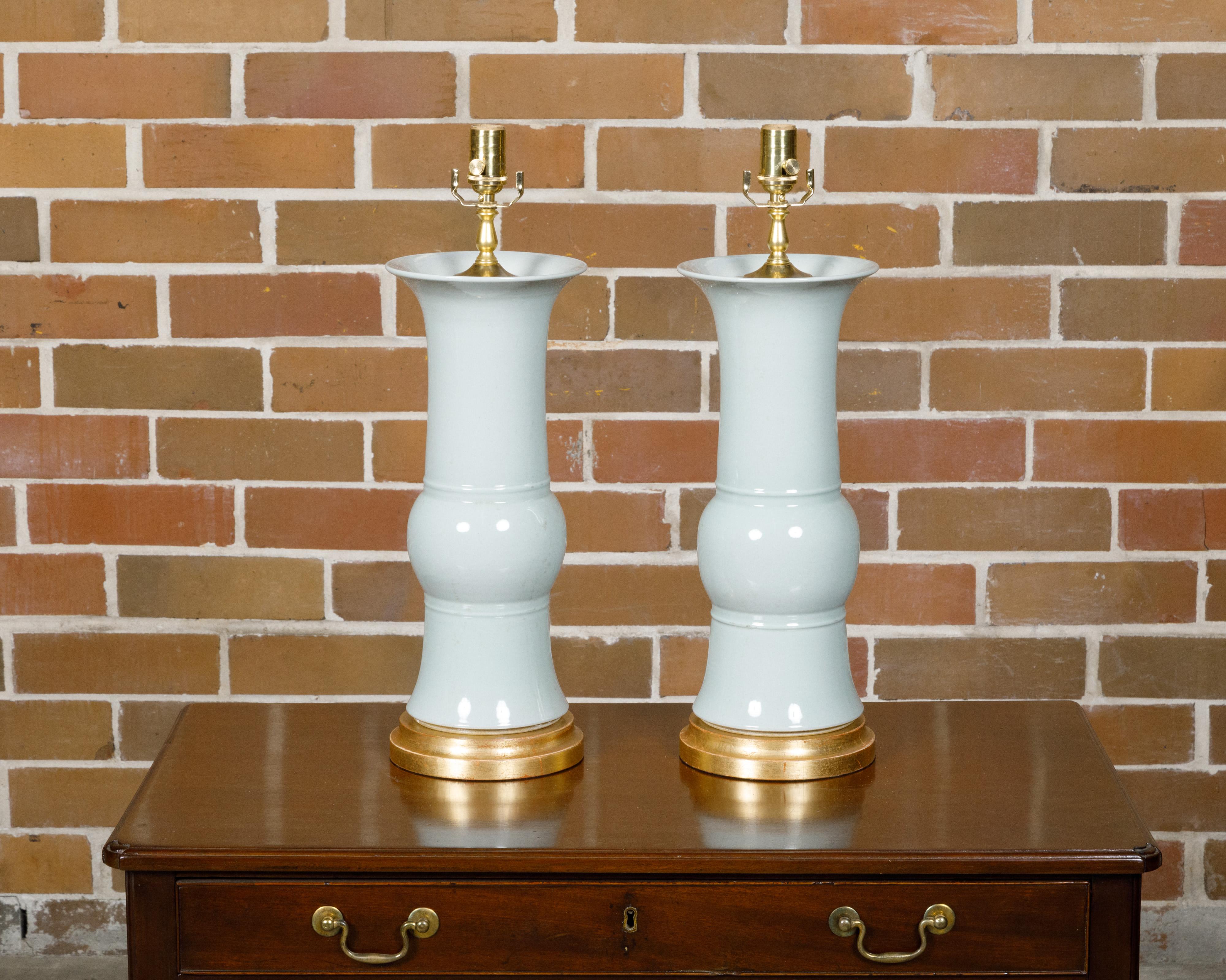 White Porcelain Table Lamps on Custom Giltwood Bases, a Pair Wired for the USA For Sale 2