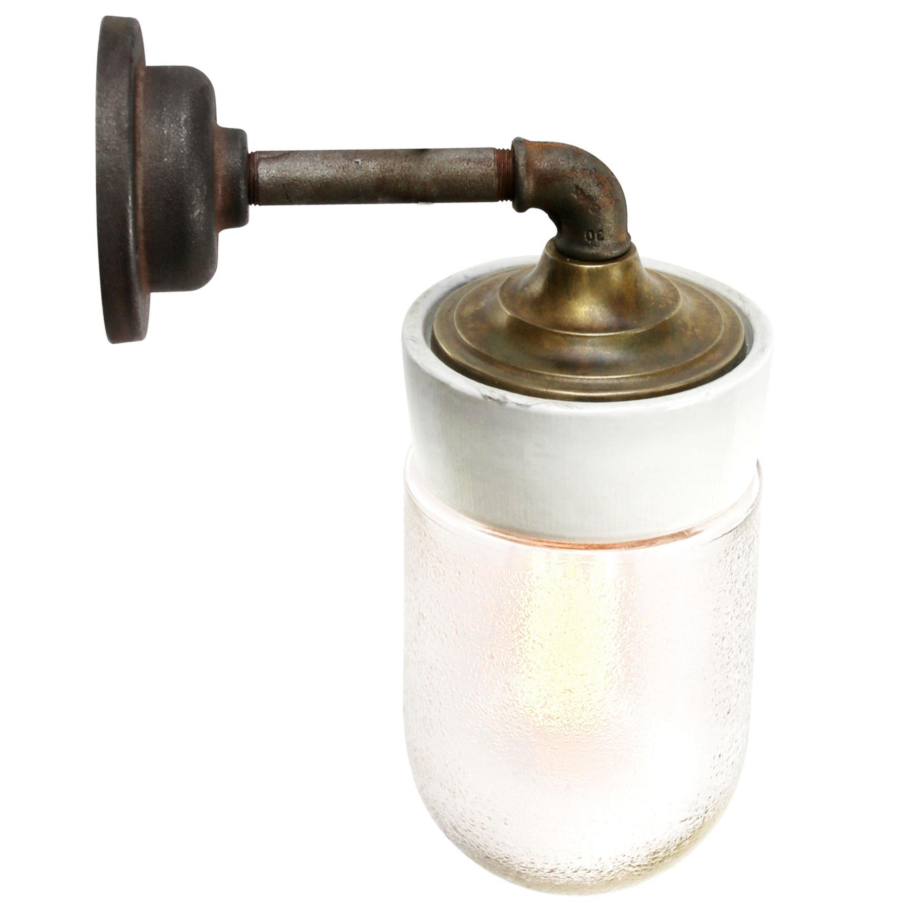 White Porcelain Vintage Brass Frosted Glass Scones Wall Lights  In Good Condition In Amsterdam, NL