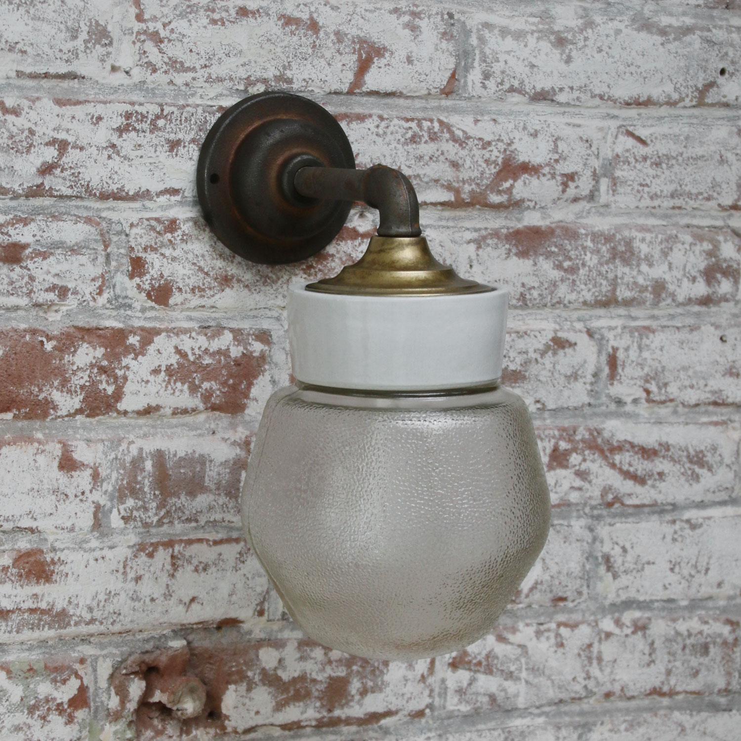 20th Century White Porcelain Vintage Brass Frosted Glass Scones Wall Lights