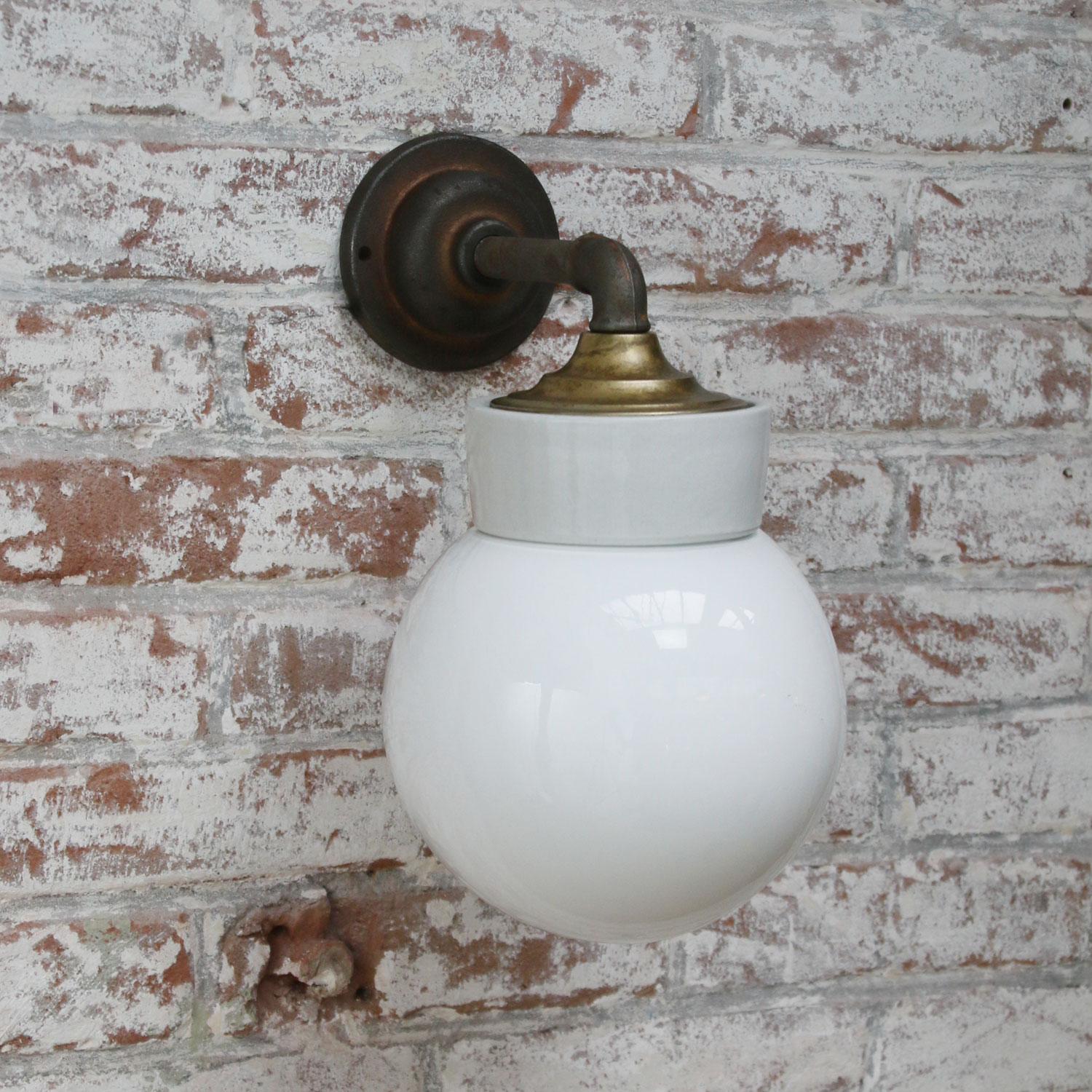 Industrial White Porcelain Vintage Brass Opaline Milk Glass Scones Wall Lights 