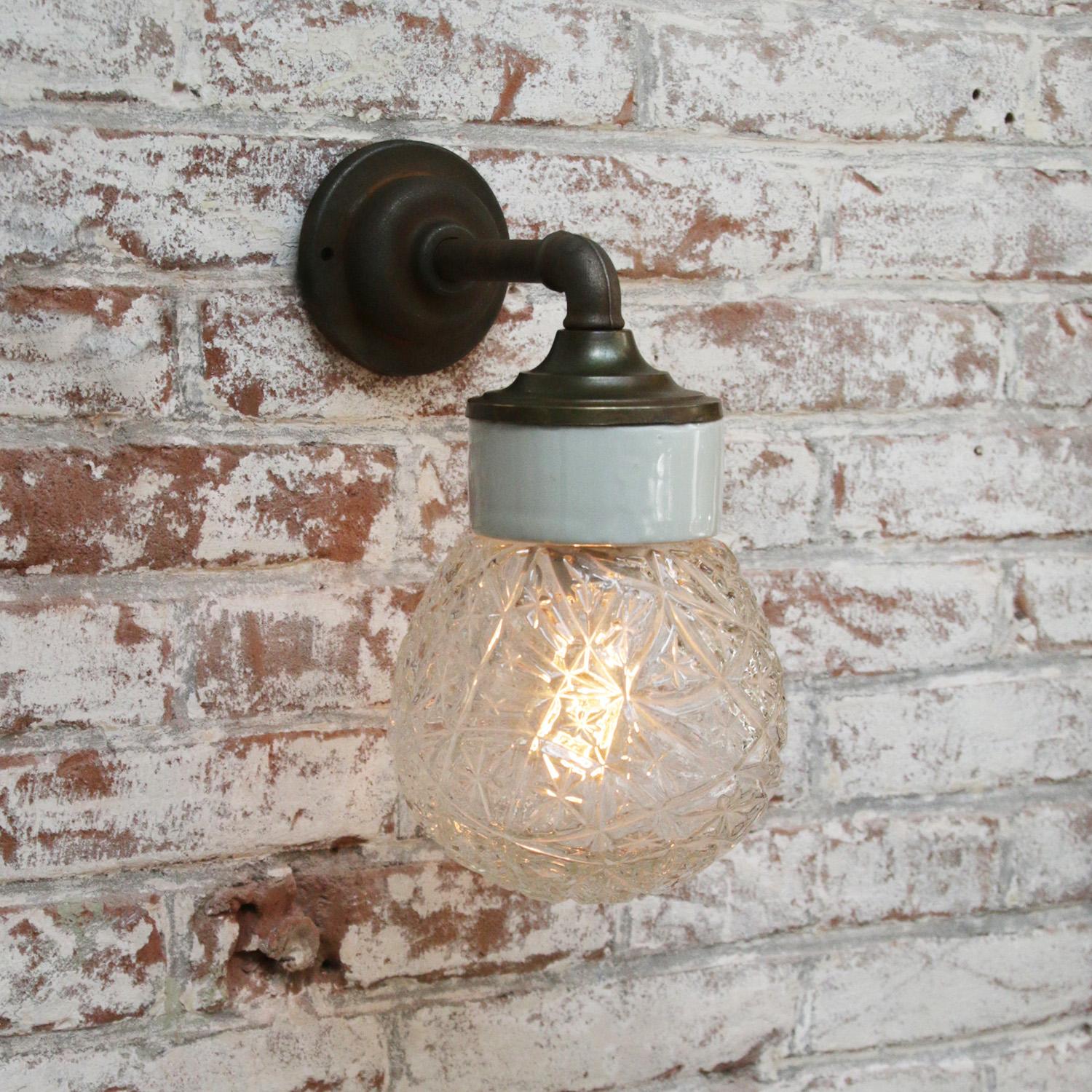 Dutch White Porcelain Vintage Industrial Clear Glass Brass Wall Lamp Scones For Sale