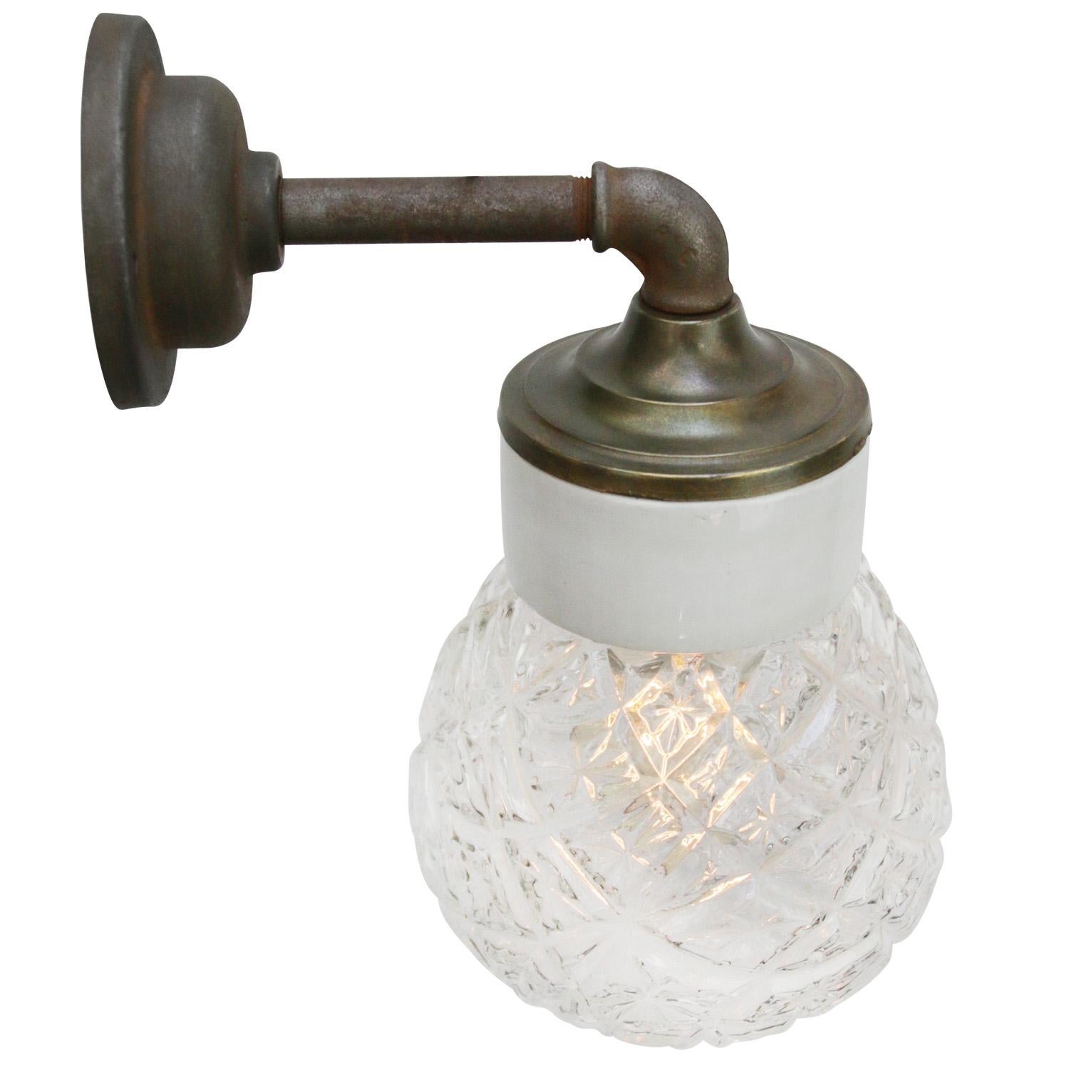 Cast White Porcelain Vintage Industrial Clear Glass Brass Wall Lamp Scones For Sale