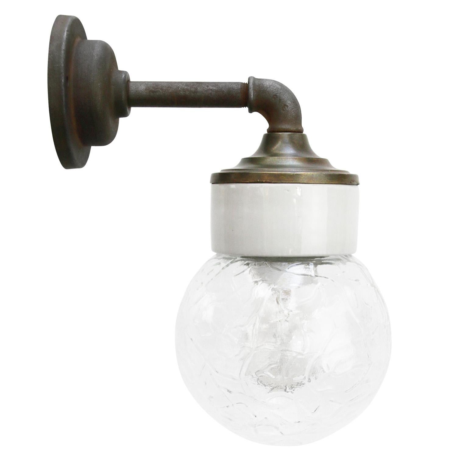White Porcelain Vintage Industrial Clear Glass Brass Wall Lamp Scones In Good Condition For Sale In Amsterdam, NL