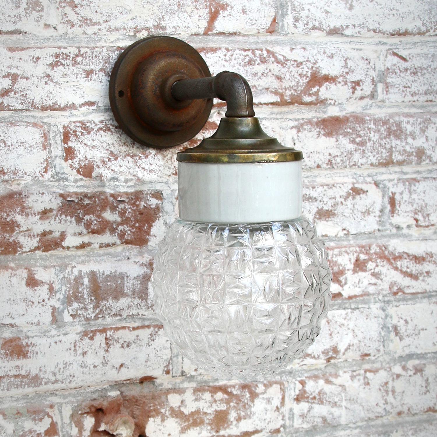 Cast White Porcelain Vintage Industrial Clear Glass Brass Wall Lamp Scone