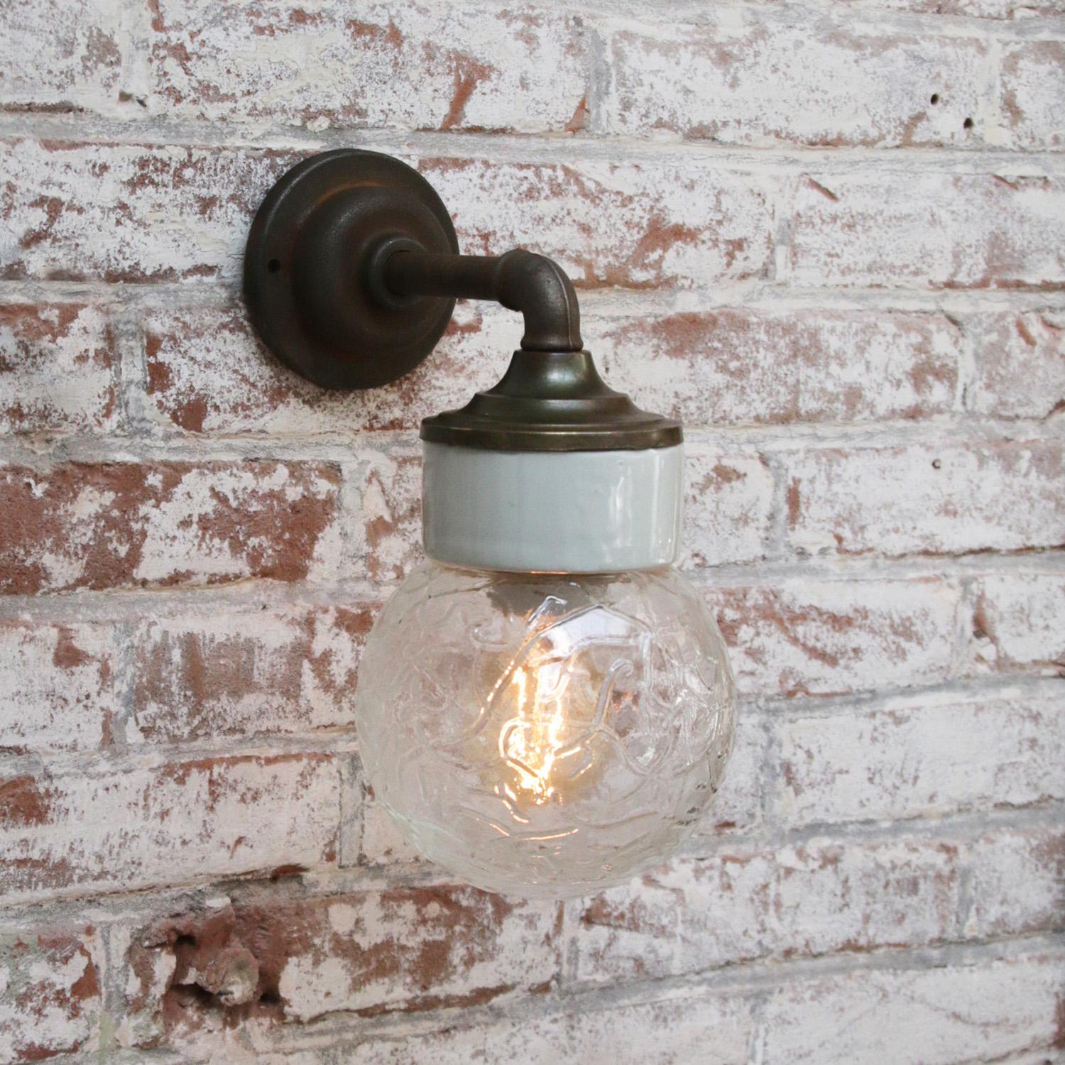 20th Century White Porcelain Vintage Industrial Clear Glass Brass Wall Lamp Scones For Sale
