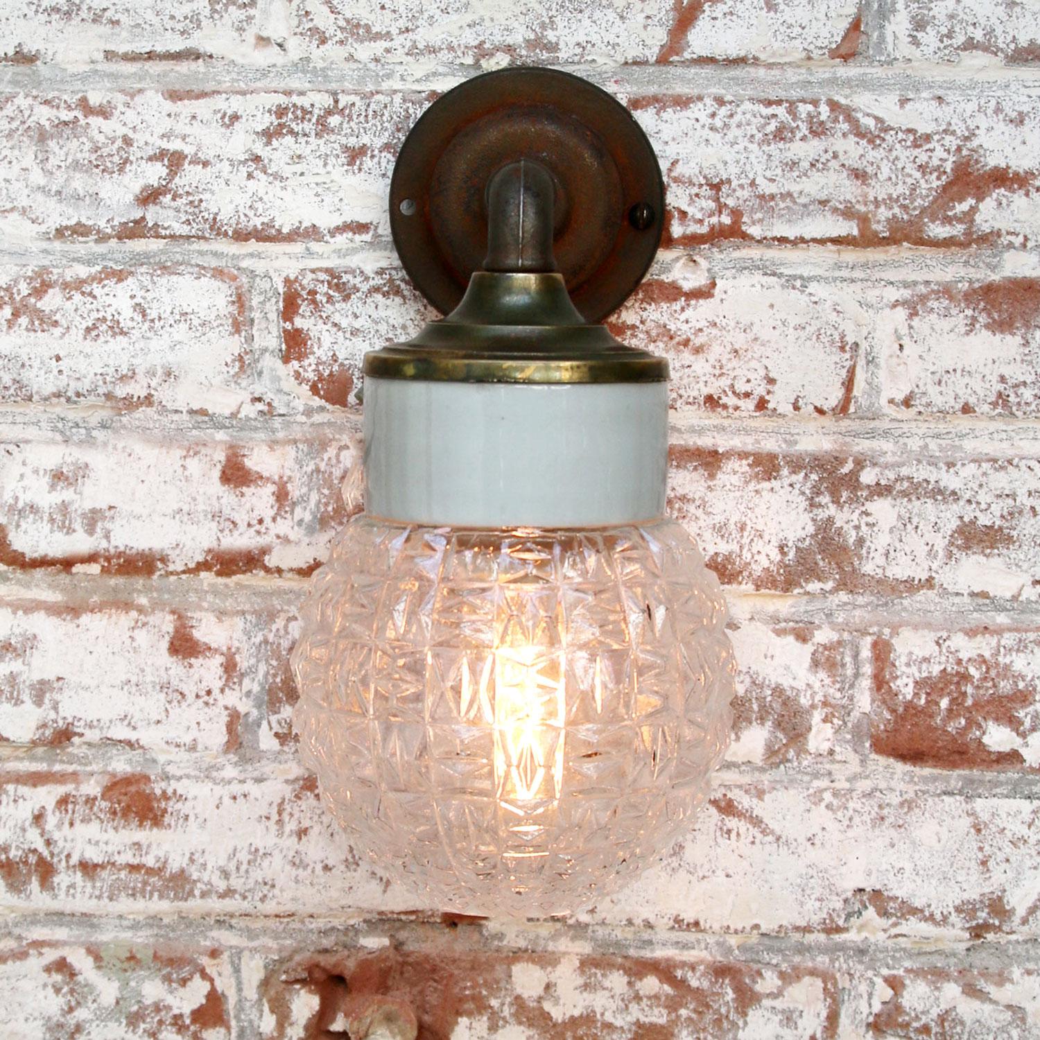 20th Century White Porcelain Vintage Industrial Clear Glass Brass Wall Lamp Scone