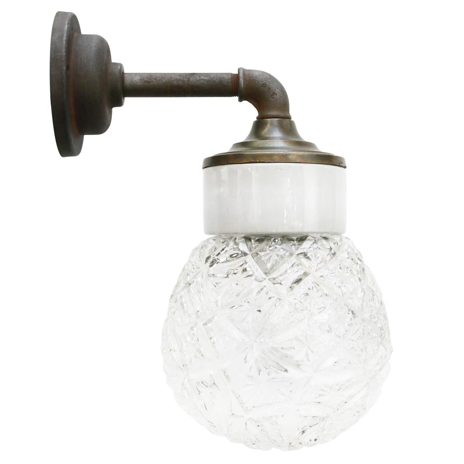 White Porcelain Vintage Industrial Clear Glass Brass Wall Lamp Scones For Sale 2