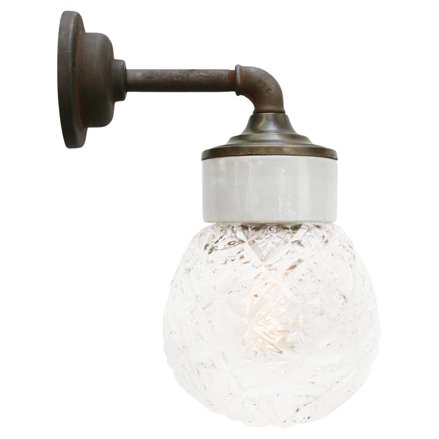 White Porcelain Vintage Industrial Clear Glass Brass Wall Lamp Scones For Sale