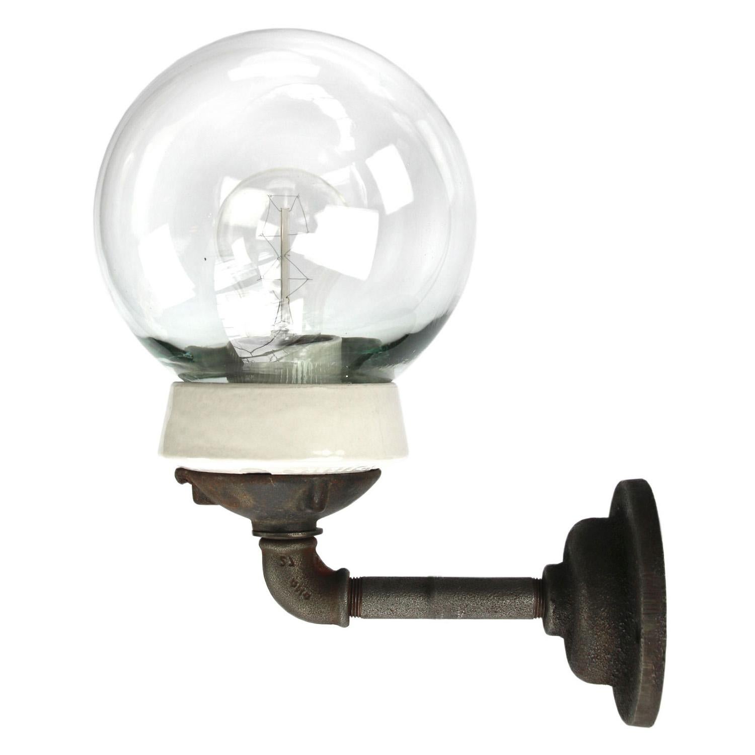 White Porcelain Vintage Industrial Clear Glass Cast Iron Wall Lamp Scones In Good Condition For Sale In Amsterdam, NL