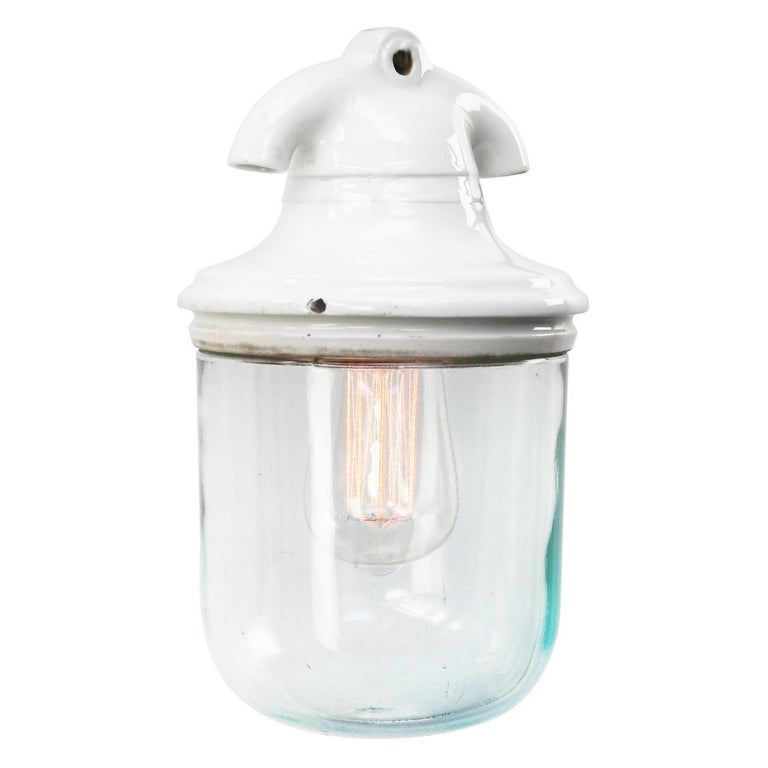 White Porcelain Vintage Industrial Clear Glass Pendant Light For Sale