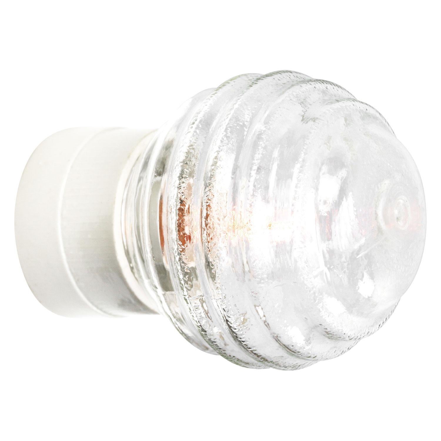 Industrial wall lamp / scones. White porcelain. Striped glass.
Two conductors. No ground.

Weight: 1.30 kg / 2.9 lb

Priced per individual item. All lamps have been made suitable by international standards for incandescent light bulbs,