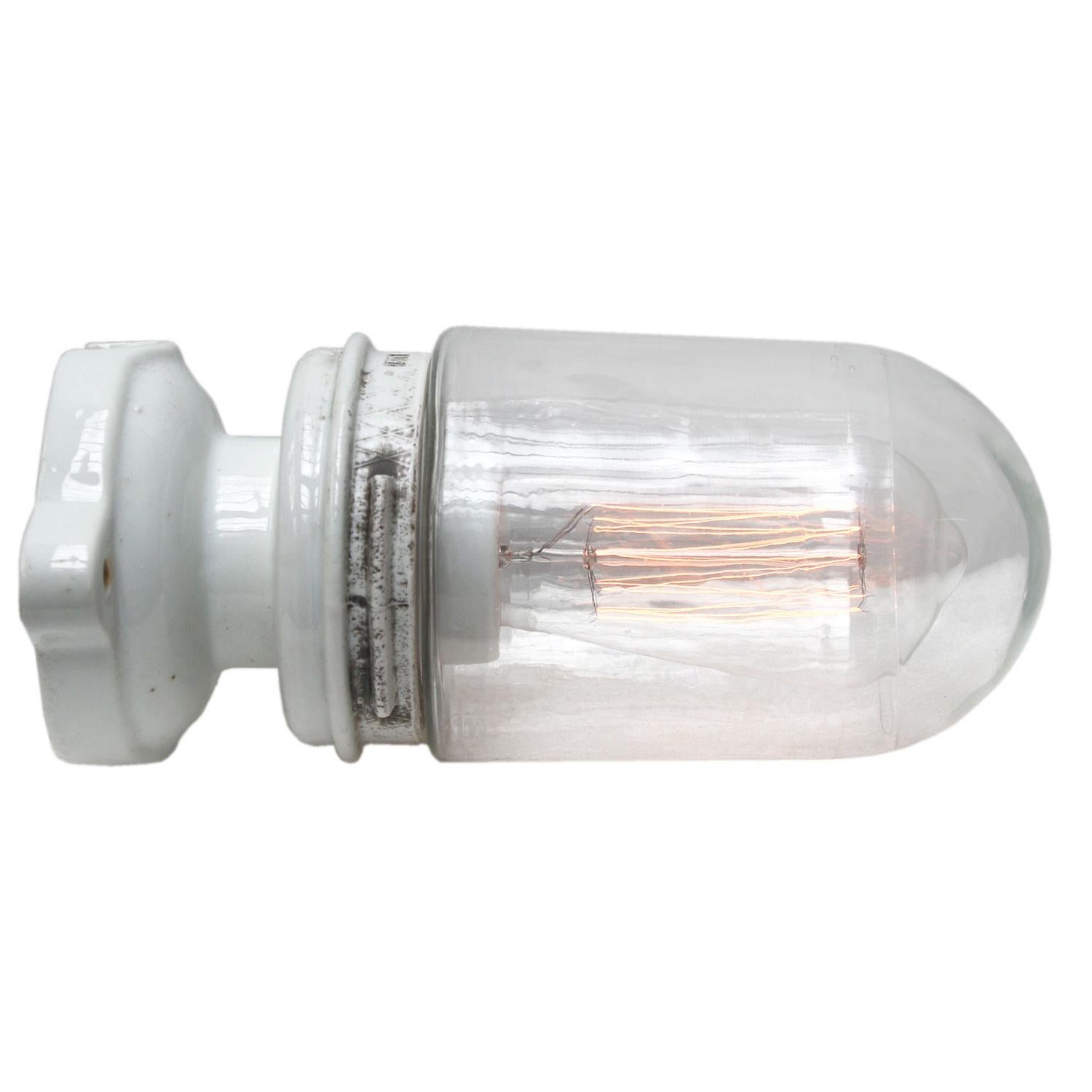 Industrial ceiling lamp.
White porcelain, clear glass.
2 conductors, no ground.

Weight: 1.10 kg / 2.4 lb

Priced per individual item. All lamps have been made suitable by international standards for incandescent light bulbs, energy-efficient
