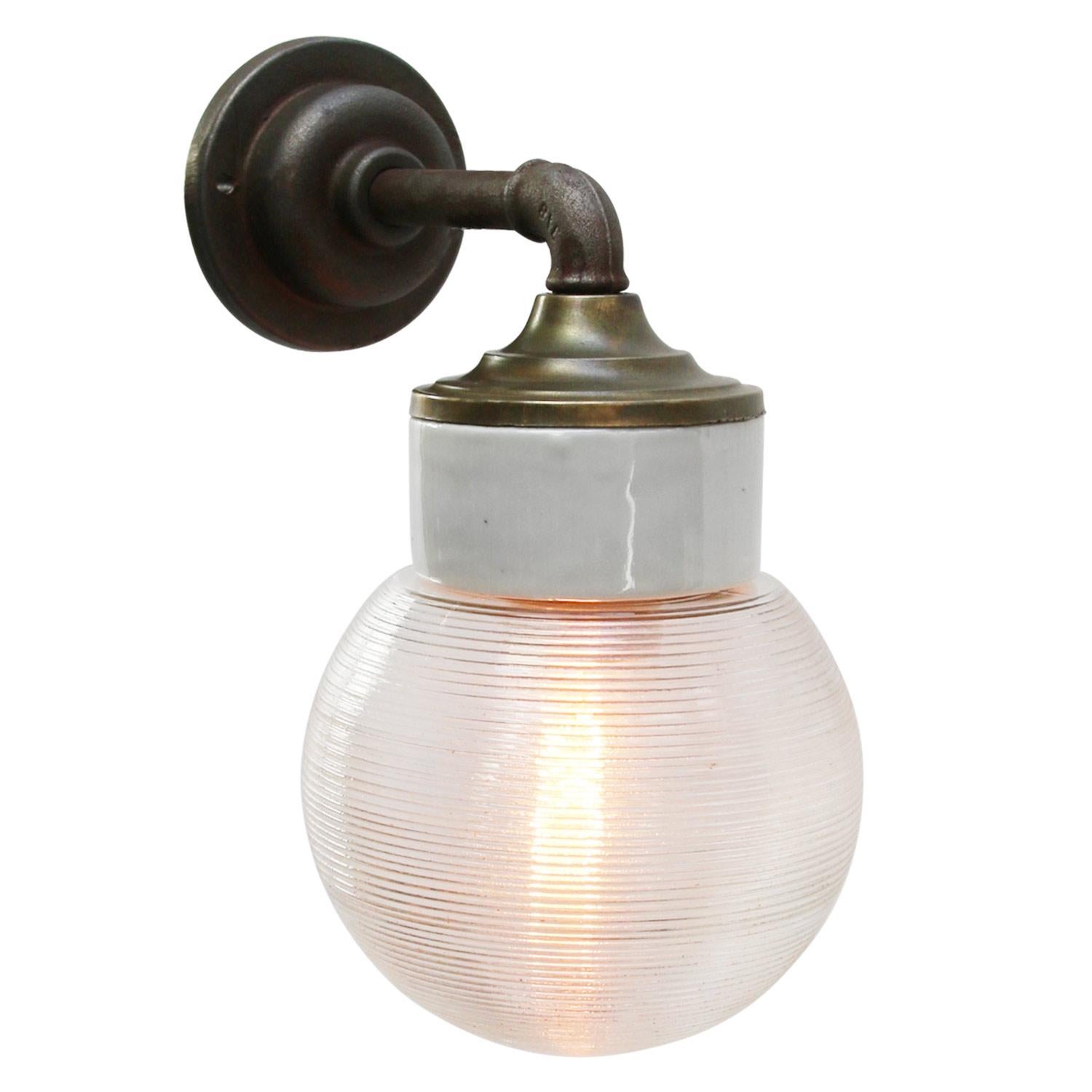Dutch White Porcelain Vintage Industrial Clear Striped Glass Brass Wall Lamps Scones For Sale